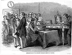 The first message is received by the Submarine Telegraph Company in London from Paris on the Foy–Breguet instrument in 1851. The equipment in the background is a Cooke and Wheatstone set for onward transmission.