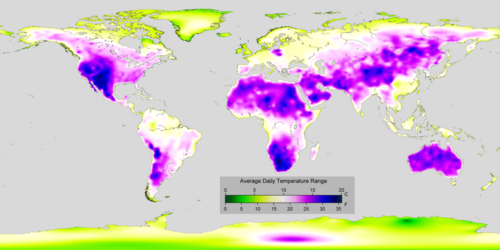 Map of global diurnal temperature range over land from 1951 to 1980