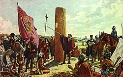 Juan de Garay founding Buenos Aires in 1580. The initial settlement, founded by Pedro de Mendoza, had been abandoned since 1542.