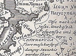 Detail of the Europa Polyglotta published with Synopsis Universae Philologiae in 1741; the map gives the first phrase of the Lord's Prayer in 33 different languages of Europe