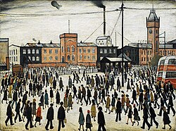 An oil panting of people walking in all directions through a bleak square wearing a variety of colours but mostly all black. The square backs onto tall yellow buildings with telegraph cables stretched around. Part of a trolleybus is visible to the right-hand side.