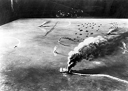 A model representing the attack by dive bombers from USS Yorktown and USS Enterprise on the Japanese aircraft carriers Sōryū, Akagi and Kaga in the morning of June 4, 1942, during the Battle of Midway