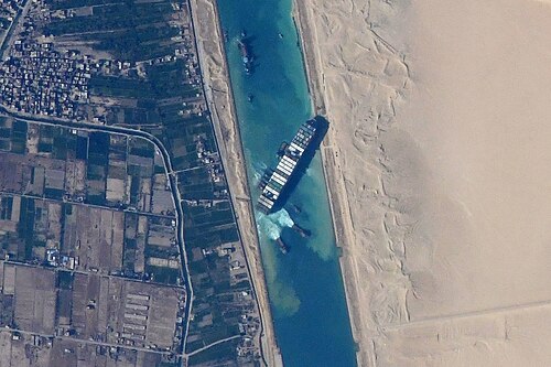 Satellite image of Ever Given blocking the canal in March 2021