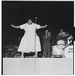 Barrett Deems performs with Louis Armstrong band and Velma Middleton in Oslo, Norway in 1955.
