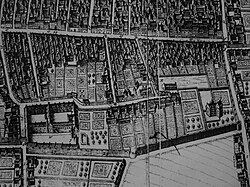 Main buildings of King James' College in 1647, lying in a double courtyard on the lower left