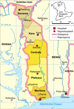 Map of Togo featuring the country's five regions and their capitals