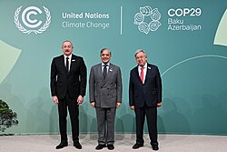 Guterres with Azerbaijani President Ilham Aliyev and Pakistani Prime Minister Shehbaz Sharif at the COP29 climate conference in Baku, Azerbaijan, November 2024