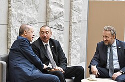 Erdoğan with Azerbaijani President Ilham Aliyev (middle) and Bosnian Presidency Chairman Bakir Izetbegović, 12 July 2018