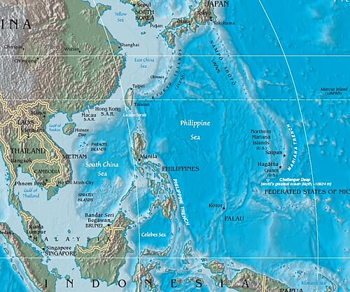 Geology of the west Pacific in the area of the Mariana Islands. The Mariana Islands are at map-right, east of the Philippine Sea and just west of the Mariana Trench in the ocean floor.