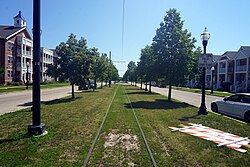 Green streetcar tracks in Kenosha