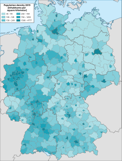 Population density of Germany with Bavaria in the southeast
