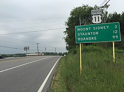 View south along US 11 near SR 256 in Weyers Cave, Augusta County, Virginia