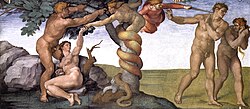 A Sistine Chapel fresco depicts the expulsion of Adam and Eve for transgressing God's command not to eat the fruit of the Tree of the knowledge of good and evil.