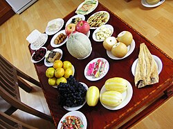 A table with many traditional food offerings on it