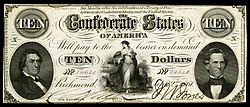 The 1862 $10 CSA note depicts a vignette of Hope flanked by R. M. T. Hunter and C. G. Memminger.