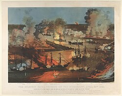 Capture of New Orleans, April 1862, colored lithograph of engraving
