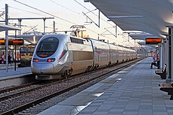 Al Boraq RGV2N2 high-speed trainset at Tanger-Ville railway station in November 2018