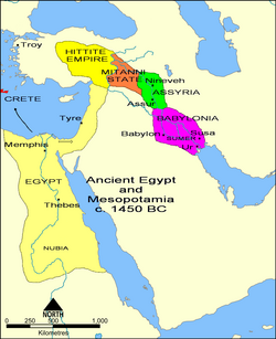 A map of 15th century BC, showing the core territory of Assyria with its two major cities Assur and Nineveh wedged between Babylonia downstream. The states of Mitanni and Hatti are upstream.