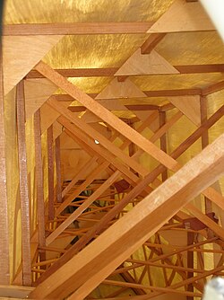 Inside view of the wooden, fabric-covered fuselage of a Fisher FP-202.