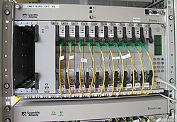 Scientific Atlanta Prisma II chassis with transmitter modules, converts RF signals in coaxial cables into optical signals in fiber optics and amplifies them