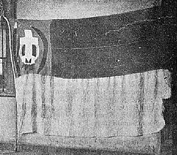 Flag flown by Easter Islanders before 1902, taking the design of the national flag and incorporating elements representative of the locals, including Catholic symbols. It was found by the school ship Baquedano which took it to the museum of Valparaíso.[64]