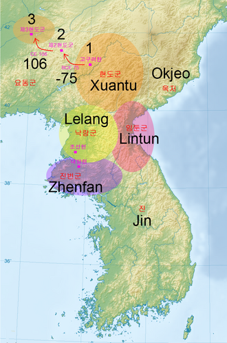 Lelang Commandery (yellow) alongside the other Han commanderies in the region (100 BCE).