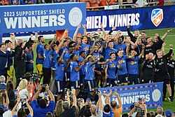 FC Cincinnati players celebrate after clinching the Supporters' Shield in 2023