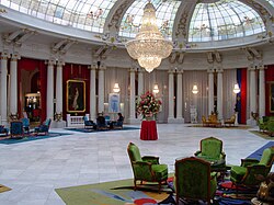 The Royal Lounge with its chandelier and stained glass window