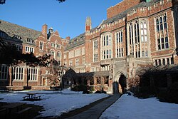 Yale Law School is housed in the Sterling Law Building, erected in 1931. Modeled after the English Inns of Court, the building is located at the center of Yale's campus and contains a law library, a dining hall, and a courtyard.