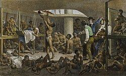 c. 1830 engraving by Johann Moritz Rugendas of the deck of slave ship headed to Brazil; Rugendas was an eyewitness to the scene.