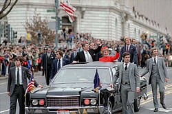 President Ronald Reagan waves following his inauguration as the nation's 40th president on January 20, 1981.