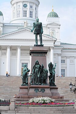 A statue of Alexander II of Russia, the Grand Duke of Finland, by Walter Runeberg and Johannes Takanen [fi] and erected in 1894. He was a well regarded emperor among the majority of Finns at the time.[121]
