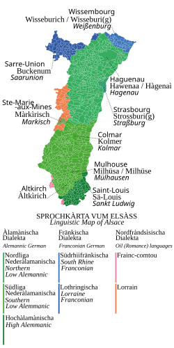 Spatial distribution of dialects in Alsace prior to the expansion of standard French in the 20th century