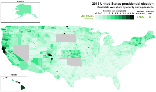 This map shows the percentage of the popular vote Jill Stein received in each county (2016) (with a max vote share of 4.5%).