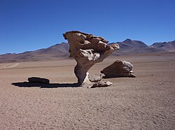 Árbol de Piedra, a rock formation in the Altiplano, Bolivia sculpted by wind erosion