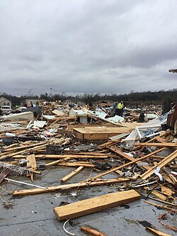 High-end EF3 damage to homes in the Creekwood subdivision in Bowling Green, Kentucky. Numerous fatalities occurred in this area.