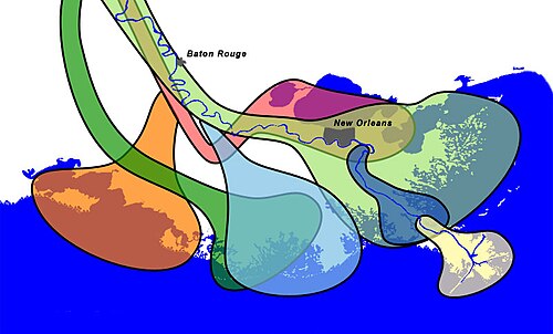 Mississippi Delta lobes Salé-Cypremort 4,600 years BP[11] Cocodrie 4,600–3,500 years BP[11] Teche 3,500–2,800 years BP[11] St. Bernard 2,800–1,000 years BP[11] Lafourche 1,000–300 years BP[11] Plaquemine 750–500 years BP[11] Balize 550 years[11]