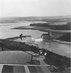 The breached dam of the Möhne Reservoir, May 1943.