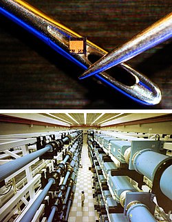 Lasers range in size from microscopic diode lasers (top) with numerous applications, to football field sized neodymium glass lasers (bottom) used for inertial confinement fusion, nuclear weapons research and other high energy density physics experiments