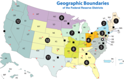 Map of Federal Reserve Districts with Federal Reserve banks (in black circles), District branches (in black squares), and the Federal Reserve's national headquarters in red