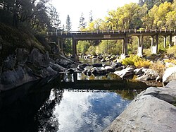 North Fork of the Mokelumne River looking downstream towards the CA-26 bridge near West Point, included in SB 1199