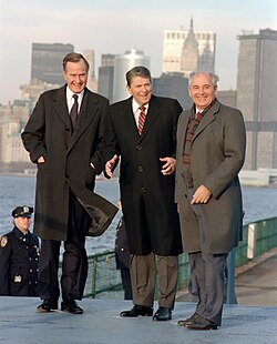 Vice President Bush standing with President Ronald Reagan and Soviet leader Mikhail Gorbachev on the New York City waterfront in 1988