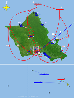 The Japanese attacked in two waves. The first wave was detected by United States Army radar at 136 nautical miles (252 km), but was misidentified as United States Army Air Forces bombers arriving from the American mainland.Top: A: Ford Island NAS. B: Hickam Field. C: Bellows Field. D: Wheeler Field. E: Kaneohe NAS. F: Ewa MCAS. R-1: Opana Radar Station. R-2: Kawailoa RS. R-3: Kaaawa RS. G: Kahuku. H: Haleiwa. I: Wahiawa. J: Kaneohe. K: Honolulu. 0: B-17s from mainland. 1: First strike group. 1-1: Level bombers. 1–2: Torpedo bombers. 1–3: Dive bombers. 2: Second strike group. 2-1: Level bombers. 2-1F: Fighters. 2-2: Dive bombers.Bottom: A: Wake Island. B: Midway Islands. C: Johnston Island. D: Hawaii. D-1: Oahu. 1: Lexington. 2: Enterprise. 3: First Air Fleet.