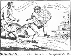 Political cartoon depicting merchants attempting to dodge the "Ograbme"