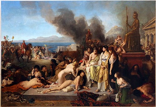 Scene of the Battle of Corinth (146 BC): last day before the Roman legions looted and burned the Greek city of Corinth. The last day on Corinth, Tony Robert-Fleury, 1870.
