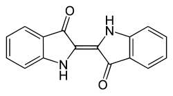 Chemical structure of indigo dye, the blue coloration of blue jeans. Although once extracted from plants, indigo dye is now almost exclusively synthesized industrially.[22]