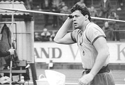 Uwe Hohn (pictured in 1984) holds the "eternal world record" with a throw of 104.80 m, as a new type of javelin (less debate of landing spot, less danger of reaching the spectators) was implemented in 1986.