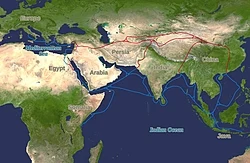 Silk Road map. The spice trade was along the water routes (blue).