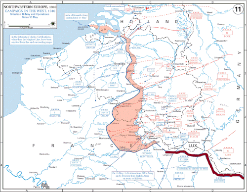 German advance into Belgium and Northern France, 10 May – 4 June 1940, sweeping past the Maginot Line (shown in dark red)
