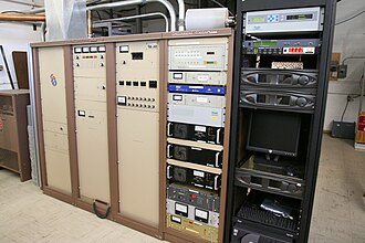 A commercial 35 kW FM radio transmitter built in the late 1980s. It belongs to FM radio station KWNR, in Henderson, Nevada, and broadcasts on 95.5 MHz.